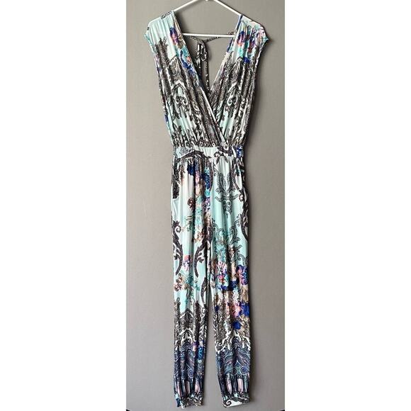 Adrienne Pants - Adrienne sz S teal white‎ deep plunge jumpsuit